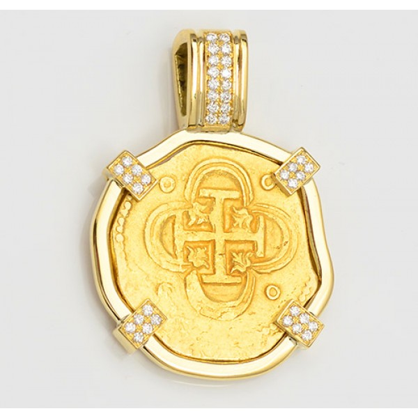 2 Escudos Gold Doubloon Treasure Cob Coin in 18kt Gold Pendant with .30 cts. of Diamonds